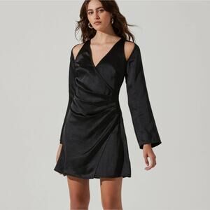 ASTR The Label Black Satin Wrap Mini Dress Cold Shoulder Bell Sleeve NWT Medium